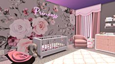 a baby's room decorated in pink and grey with flowers on the wall, crib, rocking chair, dresser and bed