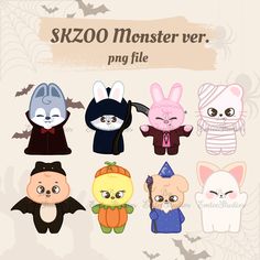 an image of some cute little animals in halloween costumes with bats and bats on them