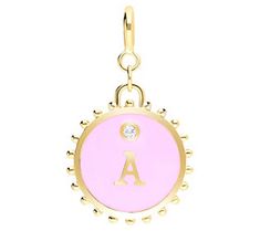 Add a personalized touch to any look with this fun initial charm boasting a pink enamel inlay and white topaz accent. From Elyse Ryan. Personalized Yellow Gold Charms With Initial Pendant, Initial Pendant Charms For Personalized Gift, Enamel Gold Jewelry With Initials, Pink Jewelry With Logo Charm For Gifts, Pink Initials Jewelry As A Gift, Pink Initials Jewelry Gift, Personalized Pink Birthstone Jewelry, Elegant Pink Charms With Removable Details, Pink Enamel Jewelry With Charms