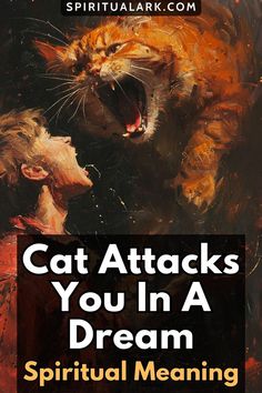 at the top of this post is the website source which is "SpiritualArk.com", at the center of this post is a photo of a big orange cat attacking a young woman with blonde hair, and at the bottom of this post is the title that says, "cat attacks you in a dream, spiritual meaning" Cats Attacking, Cat Attacking, Meaning Of Dreams, Dreams Meaning, Cat Attack, Mean Cat