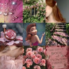 a collage with pink flowers and fairy tale books