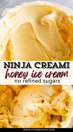 an ice cream in a blender with the words ninja cream honey de cream no refried sugars