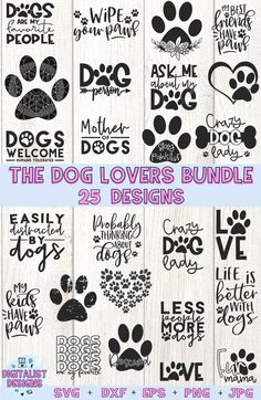 the dog lover's bundle is shown in black and white, with paw prints