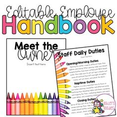 two books with different colored crayons and the words, meet the staff daily duties