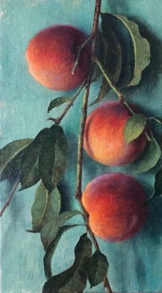 an oil painting of peaches on a branch