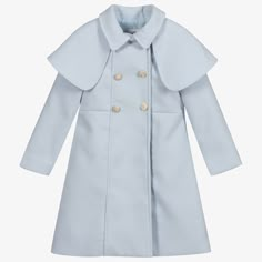 Elegant pale blue coat for girls by Patachou, made in beautifully soft, flannel with a smart attached cape around the shoulders. On the front it has sparkling diamanté and pearl bead buttons over hidden popper fastenings. There are concealed side pockets and it is lined in soft satin for comfort. Pale Blue Coat, Classic Baby Clothes, Flannel Coat, Royal Clothes, Exquisite Dresses, Kids Jackets, Elegant Coats, Boys Tops, Designer Coats