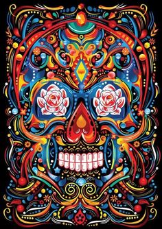 a colorful sugar skull with roses on it's face is featured in this image