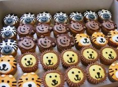 there are many cupcakes in the box with faces on them and zebra's noses