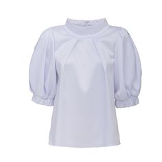 Add a touch of vintage charm to your collection with this short-sleeve puff blouse, made from glossy satin with a strong sheen. The blouse features a flattering high neckline and voluminous puff sleeves, creating a romantic and feminine silhouette. Perfect for both casual and formal occasions, this blouse pairs beautifully with high-waisted skirts or tailored trousers. The lightweight fabric ensures comfort, making it an ideal choice for warmer days. Equipped with a zipper, this blouse combines Elegant Short Sleeve Tops With Gathered Sleeves, Elegant Short Sleeve Blouse With Gathered Sleeves, Short Sleeve Puff Top With Blouson Sleeves For Work, Formal Puff Sleeve Top, Satin Puff Sleeve Tops For Work, Elegant Short Sleeve Puff Top With Pleated Sleeves, Chic Satin Puff Sleeve Tops, Formal Puff Sleeve Top With Short Sleeves, Fitted Blouse With Pleated Short Sleeves