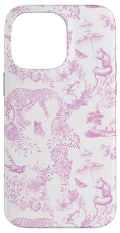 a pink and white phone case with animals on it