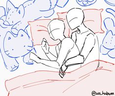 a drawing of two people sitting on a bed next to each other with stuffed animals in the background