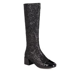 Glitter Stitching Patent Leather Knee-Length Boots Sequined Thick Heel Square Toe Shiny Women's Shiny Boots, Autumn Shoes Women, Summer Boots Ankle, Sequin Boots, Winter Shorts, Knee Length Boots, Genuine Leather Sandals, Womens Summer Shoes, Super High Heels