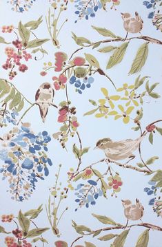 an image of a wallpaper with birds and flowers on it's blue background