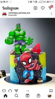 a birthday cake decorated with an image of the hulk and spider - man on top