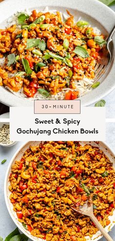 two bowls filled with rice and vegetables on top of each other, next to the words sweet & spicy gochuhang chicken bowls