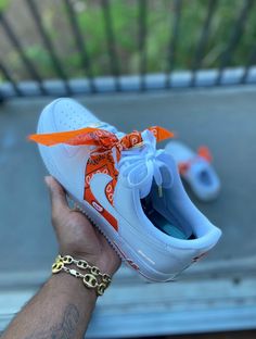 Custom Orange Bandana Air Force 1s - Kiaun's Customs Custom Forces, Bandana Shoes, Orange Bandana, Air Force One Shoes, Custom Sneakers Diy, Air Force 1s, Pretty Shoes Sneakers, Baddie Fits, Cute Nike Shoes