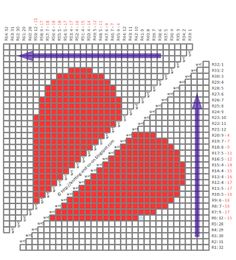 a cross stitch pattern with two red hearts in the middle and one blue heart at the bottom