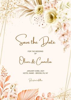 a wedding card with flowers and leaves