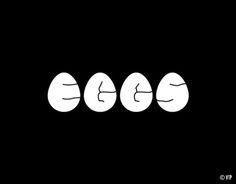 three white eggs on a black background with the word e - oe written in it