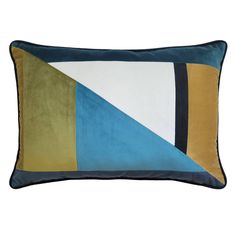 a blue, yellow and green pillow with an abstract design on the front in square shape