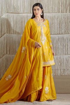 Shop for Shyam Narayan Prasad Yellow Chanderi Embroidered Kurta Sharara Set for Women Online at Aza Fashions Yellow Suit For Haldi Function, Suit For Haldi, Haldi Function Dress, Kurta Skirt, Gota Embroidery, Embroidered Sharara, Mustard Fabric, Kurta Sharara Set, Function Dresses