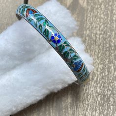 Bangle Bracelet, Sterling Silver with Enamel Floral Design, Shades of Blue, Green, Red, Yellow, 7 Inches, Very Pretty Traditional Blue Flower Jewelry, Shades Of Blue Green, Star Bangle, Enamel Bangle, Pocket Watch Chain, Carved Shell, Watch Chain, Pretty Bracelets, Bangle Bracelet