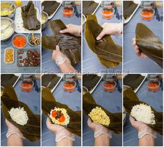 step by step instructions on how to make banana leaves with rice and other ingredients for the dish