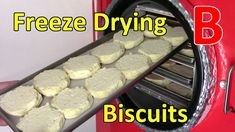 a person is pulling out some food from an oven with the words freeze drying biscuits on it