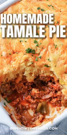 homemade tamale pie in a white casserole dish with the title overlay