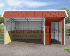 a red and white garage with the door open to let in light from the sun