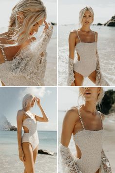 four photos of a woman in white swimsuits on the beach, one with her hair blowing in the wind