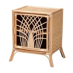 a wooden cabinet with an intricate design on the front and side doors, made out of bamboo