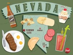 a map with some food on it and the name nevada written in large letters