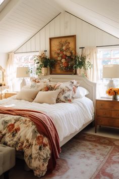 a bedroom with a bed, nightstands and flowers on the headboard in it