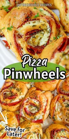 pizza pinwheels on a plate with text overlay