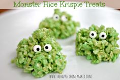 green rice krispy treats with eyes and googly eyes are on a white plate