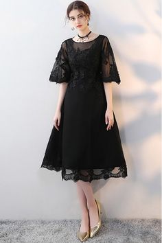 Black Homecoming Party Dress Knee Length with Sleeves - $71.1 #MXL86011 - SheProm.com Knee Length Dresses Formal Cutedressy, Knee Length Dresses Party Formal, Party Dress For Average Women, Luxury Knee-length Bodycon Dress For Gala, Luxury Knee-length Belted Dress For Party, Cheap Black Knee-length Midi Dress, Medium Length Black Formal Dresses, Formal Dresses Modest Knee Length, Luxury Knee-length Satin Dress For Formal Occasions