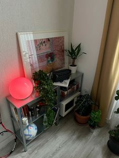 a living room with plants and a lamp