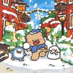 a cartoon bear is standing in the snow with two penguins and a penguin behind him