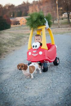 a small child in a red toy car with a dog standing next to it on a gravel road