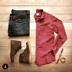 Always loved a great pair of Clarks. Don't wear red much but this could be an exception. Brown Shoes, Mens Fall, Red Shirt, Mens Casual Outfits, Men Looks, Mens Fashion Casual, Clothing And Accessories, Vintage Denim