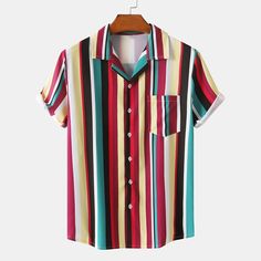 Oversized Shirt Men, Striped Short Sleeve Shirt, Short Sleeve Shirts, Beach Shirts, Shirt Collar, Collar Shirts, Summer Shirts, Stripe Print, Striped Shirt