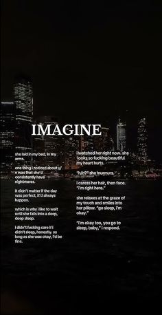 the words imagine are written in black and white on a cityscape at night