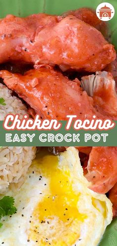 this is an easy crock pot recipe with chicken and eggs in it, on a green plate