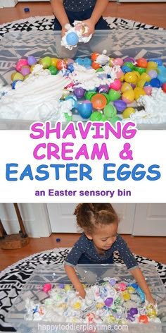 a child is playing with easter eggs on the floor and in front of an egg carton