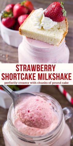 strawberry shortcake milkshake in a jar with a spoon