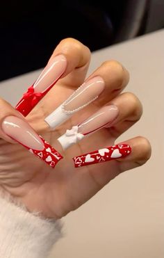 Cherry French Tip Toes, Acrylic Nails Baddie Aesthetic, Nail Inspo Summer French Tip, Cartoon French Tip Nails, Valentines Nails Extra, Initial Nails Valentines Day, Lola Bunny Nails, Red Nails Christmas Holidays, Kiss Nails Designs