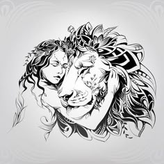 a woman hugging a lion with her face painted in black ink on a white background