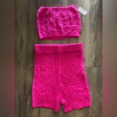 New! Cable Knit Shorts And Tube Top Set High Waist 55% Cotton 45% Acrylic Casual Pink Knit Bottoms, Pink Cable Knit Sweater, Pink Bike, Usa Shorts, Black Biker Shorts, Blue Camo, Tie Dye Shorts, Pink Tie Dye, Pink Ties