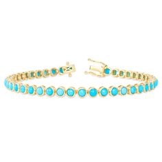 Product Description Bring luxury and fun to your life with this Turquoise bracelet. Turquoise is a magical sea-green stone mixed with a subtle hint of blue. Since the ancient era, this stone was thought to promote tranquility, serenity, good fortune, enduring love, and hope. This gold and turquoise bracelet feature round-cut turquoises, that are securely bound with 14k yellow gold bands. The 14k gold and turquoise bracelet has a traditional bezel setting and also a strong push clasp for double s Luxury Turquoise Gemstones For Anniversary, Luxury Turquoise Bracelets For Women, Luxury Turquoise Bracelet For Wedding, Luxury Turquoise Bracelet Fine Jewelry, Luxury Turquoise Bracelet, Luxury Turquoise Jubilee Bracelet, Luxury Turquoise Oval Bracelets, Luxury Classic Turquoise Bracelets, Double S